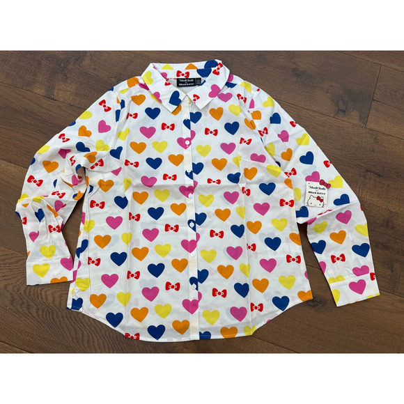 ModCloth x Hello Kitty Supercute Love Button-Up Top White Hearts Womens M NWT - Picture 1 of 5